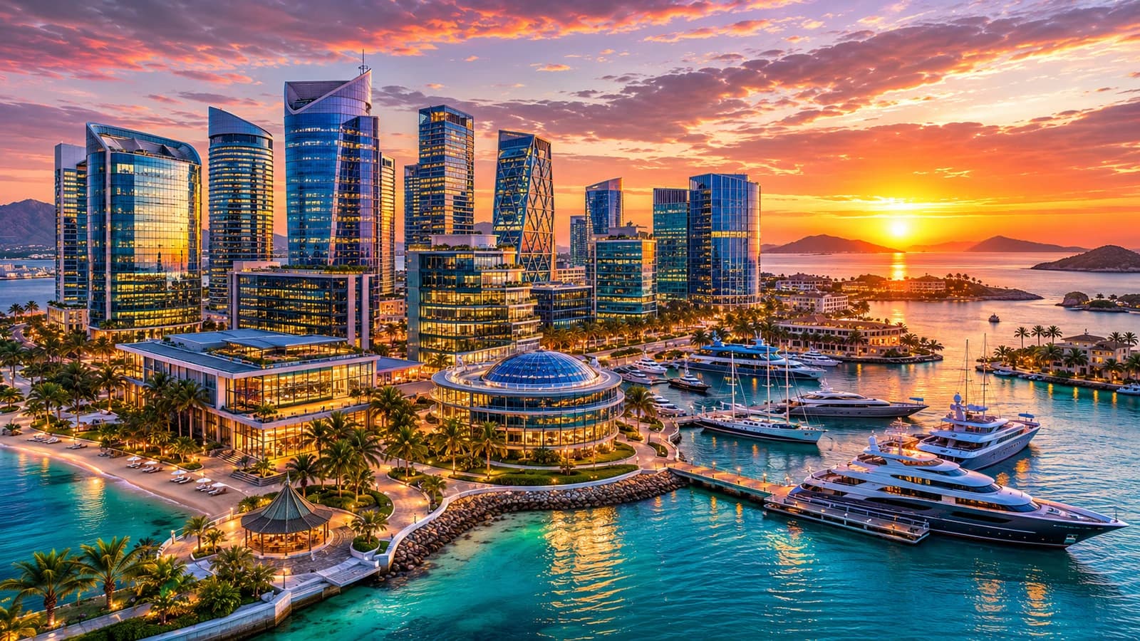 International offshore financial district at golden hour