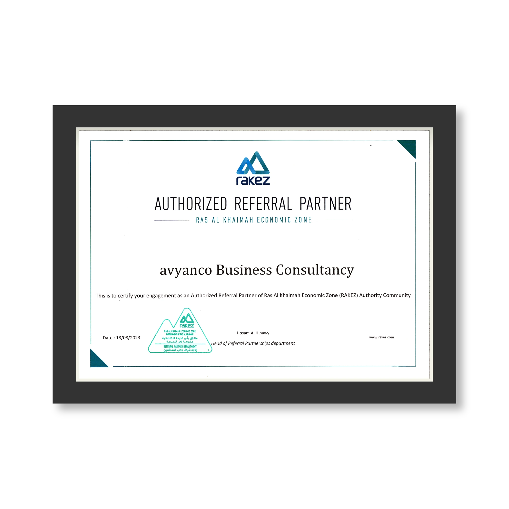RAKEZ — Authorised Referral Partner (2023) awarded to Avyanco