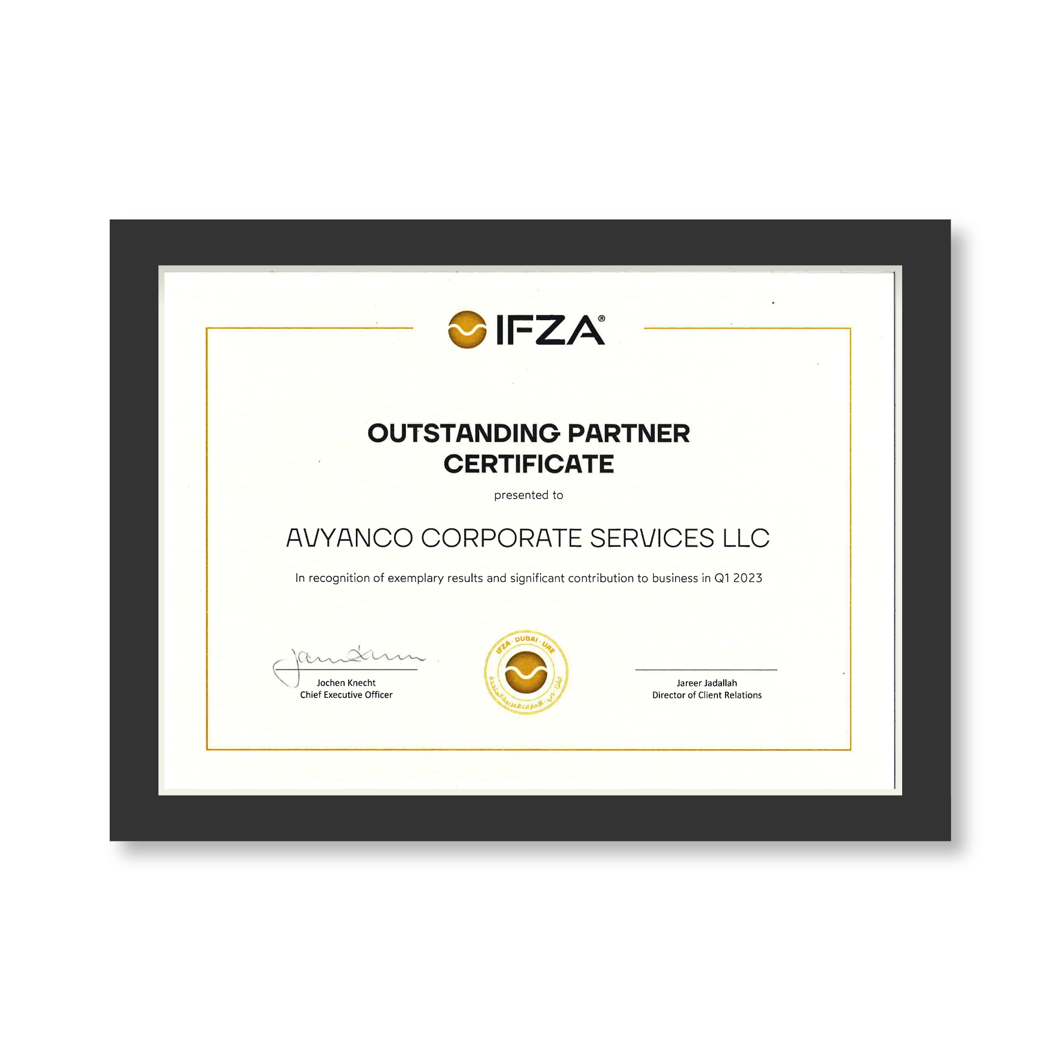 IFZA — Outstanding Partner Certificate (Q1 2023) awarded to Avyanco