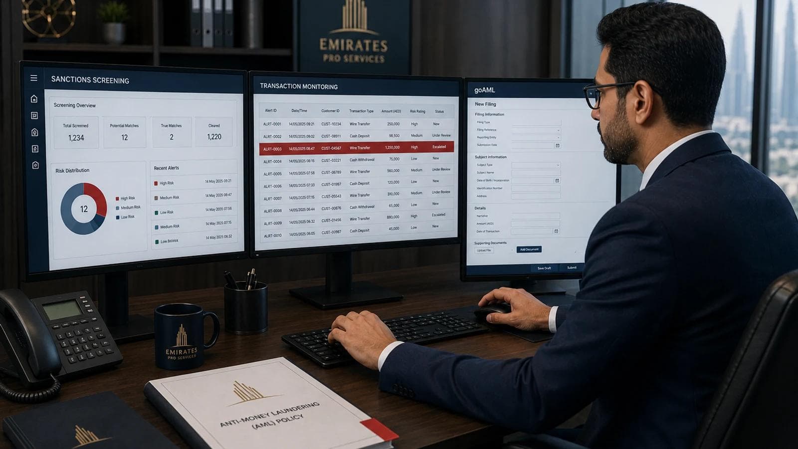 Avyanco compliance officer monitoring sanctions screening, transactions and goAML filings