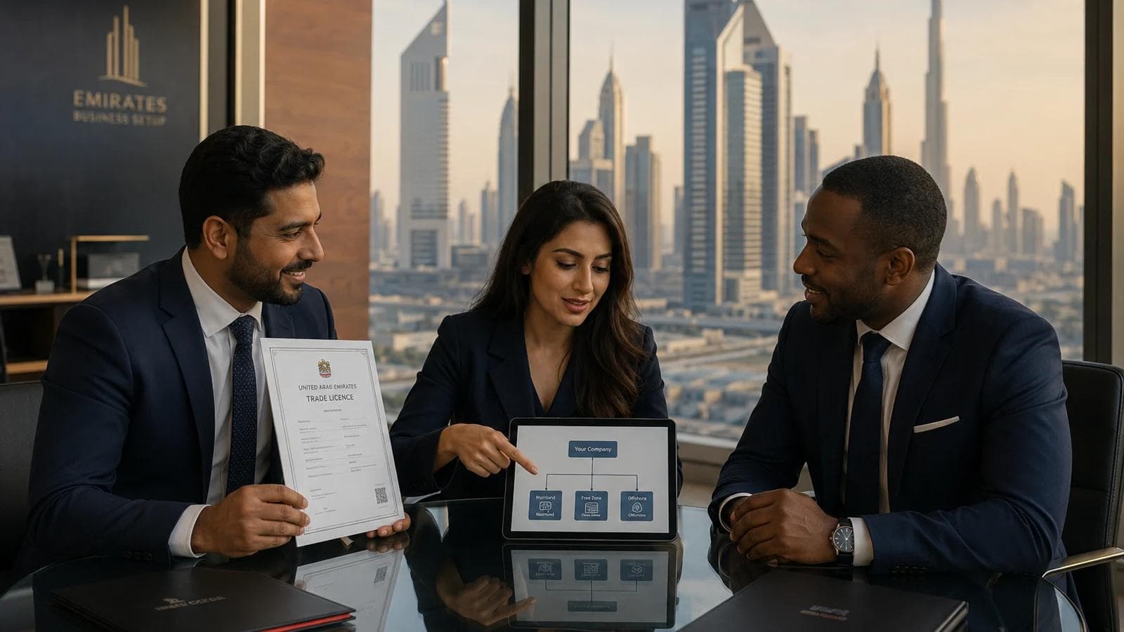 Avyanco partner advising an inbound founder on UAE business setup — Mainland, Free Zone and Offshore