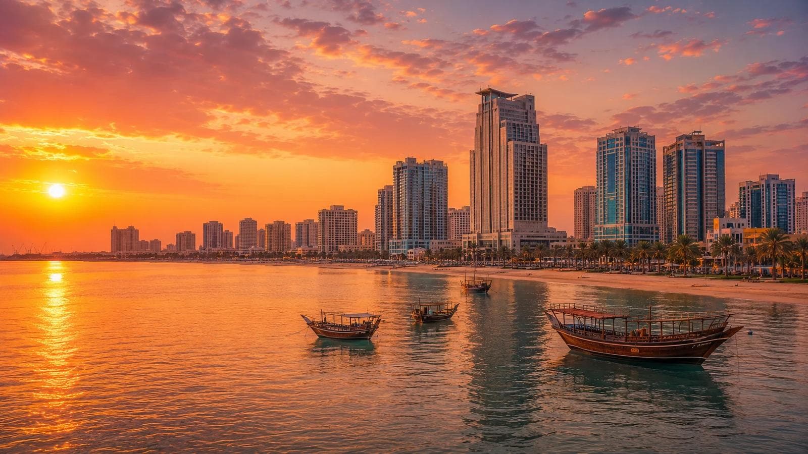Ajman Corniche at golden hour with the crescent beachfront, modern towers and the Kempinski Hotel along the Arabian Gulf