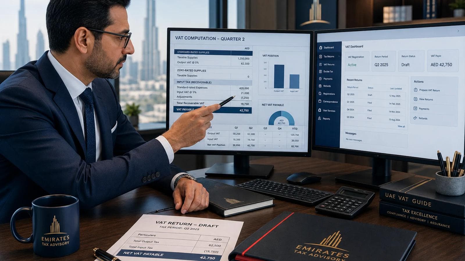Avyanco tax advisor preparing a UAE quarterly VAT return via EmaraTax