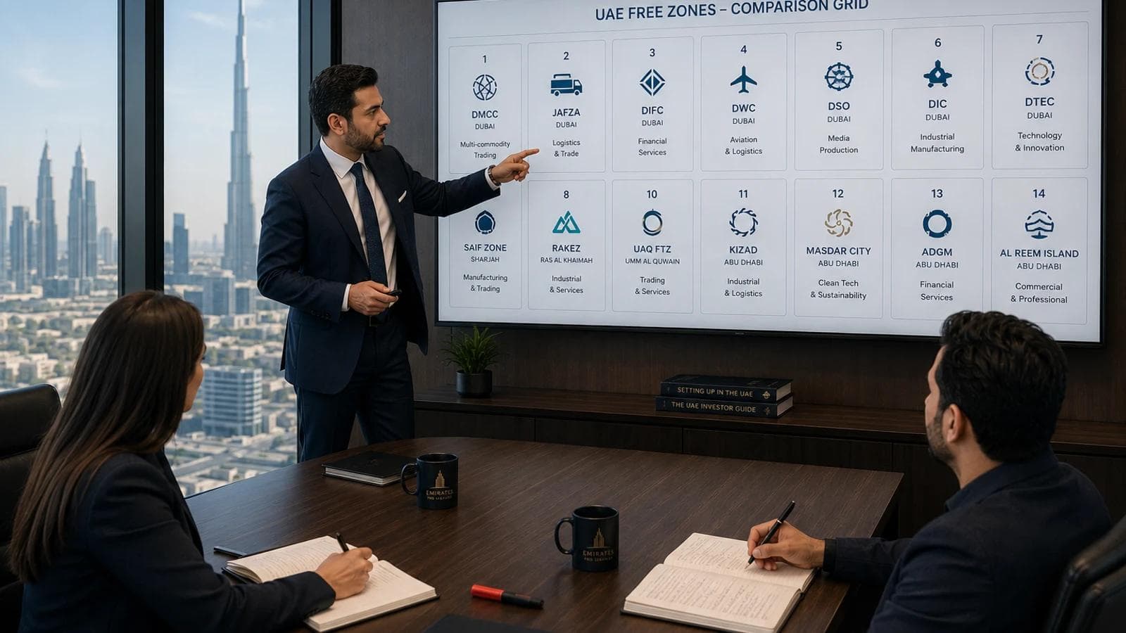 Avyanco partner walking through a comparison of UAE free zones with founders